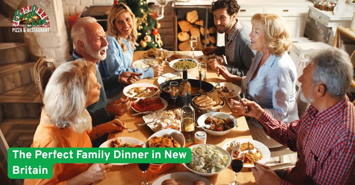 Happy family enjoying dinner at Brick Oven Pizza and Restaurant in New Britain,sharing laughter and delicious Italian dishes.