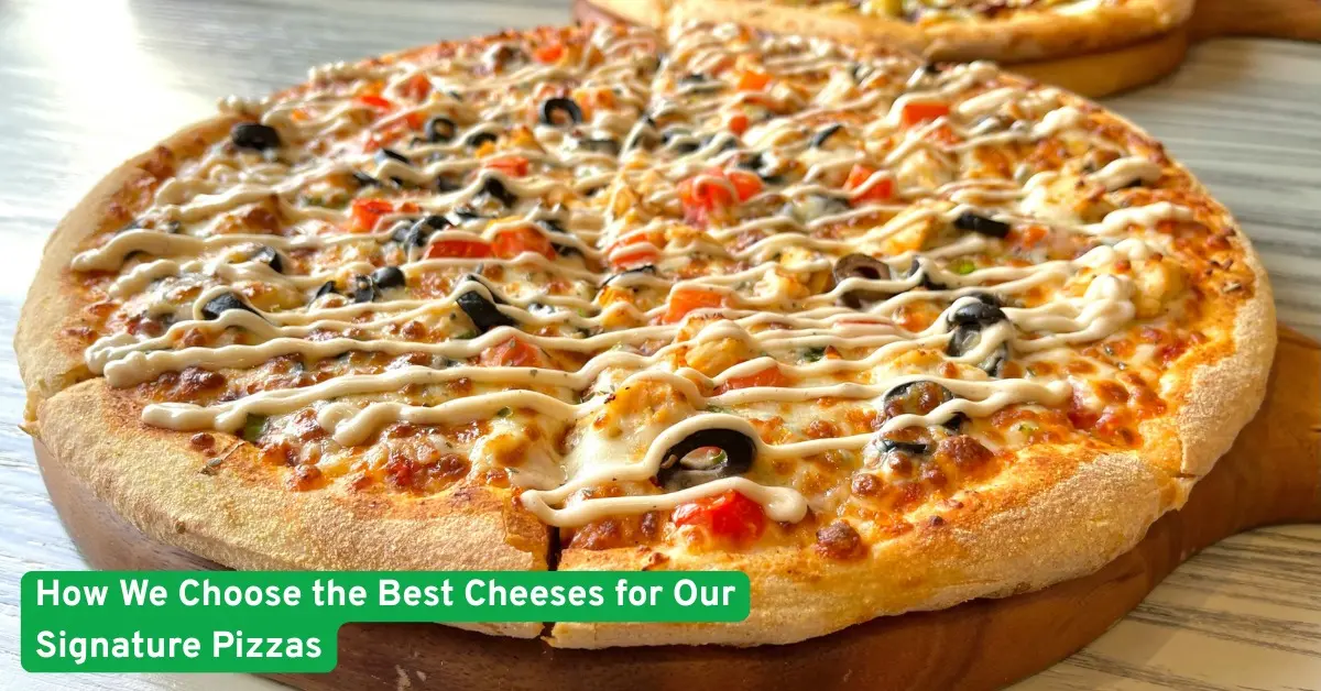 Freshly baked signature pizza topped with premium cheeses olives peppers and creamy drizzle showcasing quality ingredients up