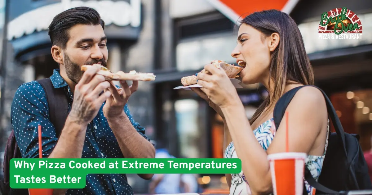 Couple enjoying hot brick oven pizza outdoors showing how extreme heat cooking creates crisp crust rich flavor and perfect texture